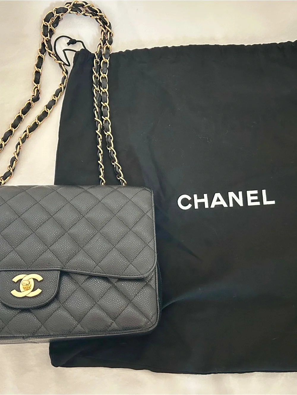CHANEL vintage Black Jumbo Single Flap Caviar Leather Shoulder Bag with Gold